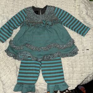 Isobella & Chloe Baby girl Blue Brown striped ruffle 2 piece set cropped pants